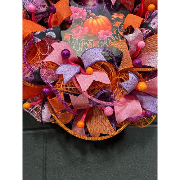 Fall Wreath For Front Door Halloween Pumpkin Orange Pink Purple Handmade 24 inch - Picture 6 of 7